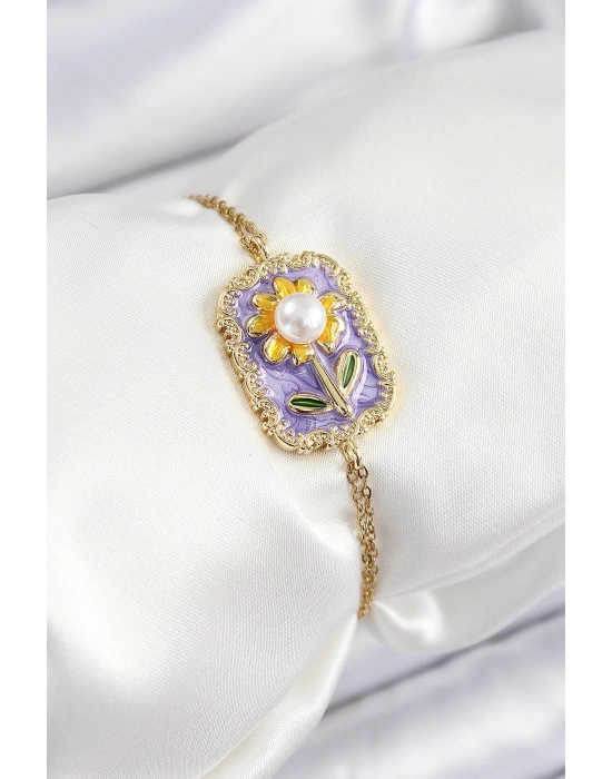 MuI MuI 316L Çelik Zincir Mor Mineli Sanatsal Portre İnci Detaylı Papatya Model Gold Renk Kadın Bileklik