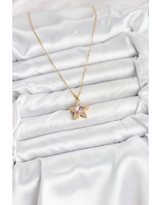 MuI MuI 316L Çelik Zincir Pembe Taşlı Yıldız Model Kadın Kolye