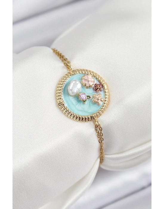 MuI MuI 316L Çelik Zincir Turkuaz Mineli Sanatsal Portre İnci Detaylı Çiçek Model Gold Renk Kadın Bileklik