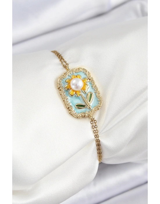MuI MuI 316L Çelik Zincir Turkuaz Mineli Sanatsal Portre İnci Detaylı Papatya Model Gold Renk Kadın Bileklik