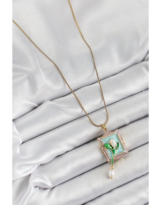 MuI MuI 316L Çelik Zincir Turkuaz Sanatsal Portre Sallantılı İnci Detaylı Lale Model Gold Renk Kadın Kolye