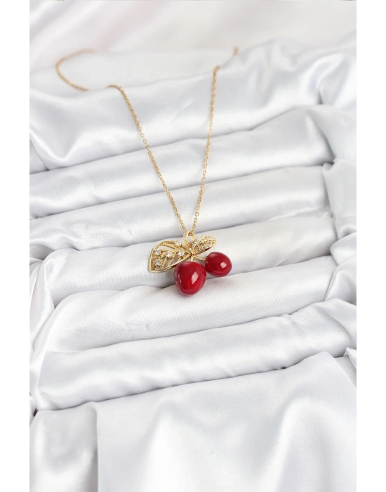 MuI MuI 316L Çelik Zincir Yapraklı Kiraz Model Gold Renk Kadın Kolye