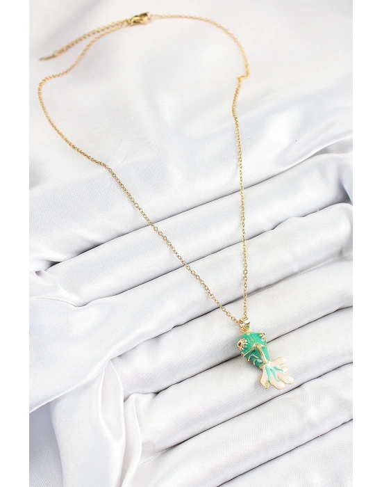 MuI MuI 316L Çelik Zincir Yeşil Balık Model Gold Renk Kadın Kolye