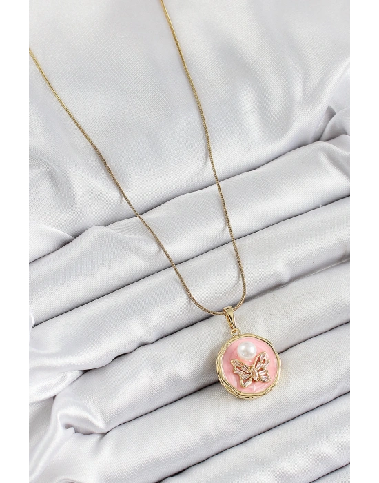 MuI MuI 316L Çelik Zincir Zirkon Taşlı Pembe Sanatsal Portre İnci Detaylı Kelebek Model Gold Renk Kadın Kolye