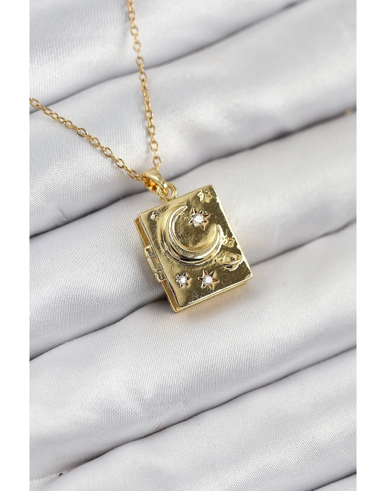 MuI MuI 316L Çelik Zirkon Taşlı Açılabilr Kapaklı Kitap Model Gold Renk Kadın Kolye
