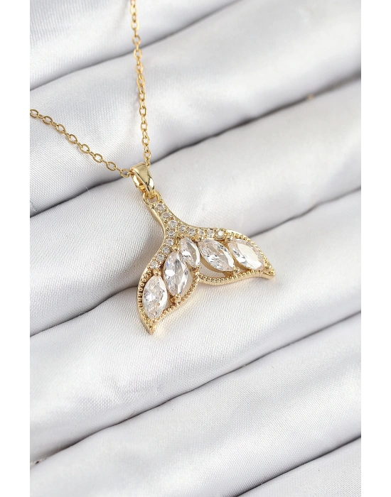 MuI MuI 316L Çelik Zirkon Taşlı Balık Kuyruğu Model Gold Renk Kadın Kolye
