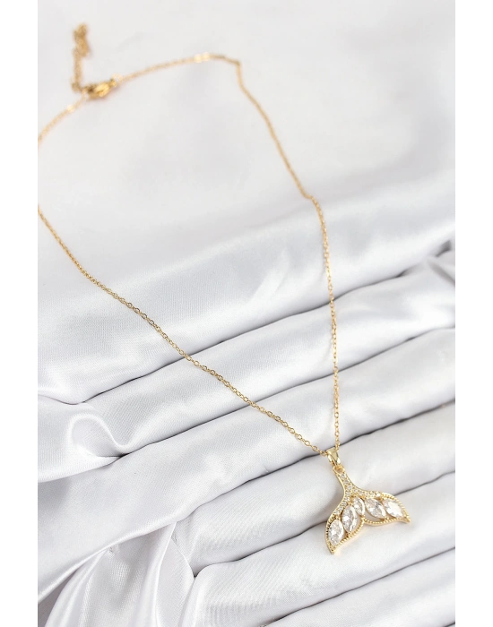 MuI MuI 316L Çelik Zirkon Taşlı Balık Kuyruğu Model Gold Renk Kadın Kolye