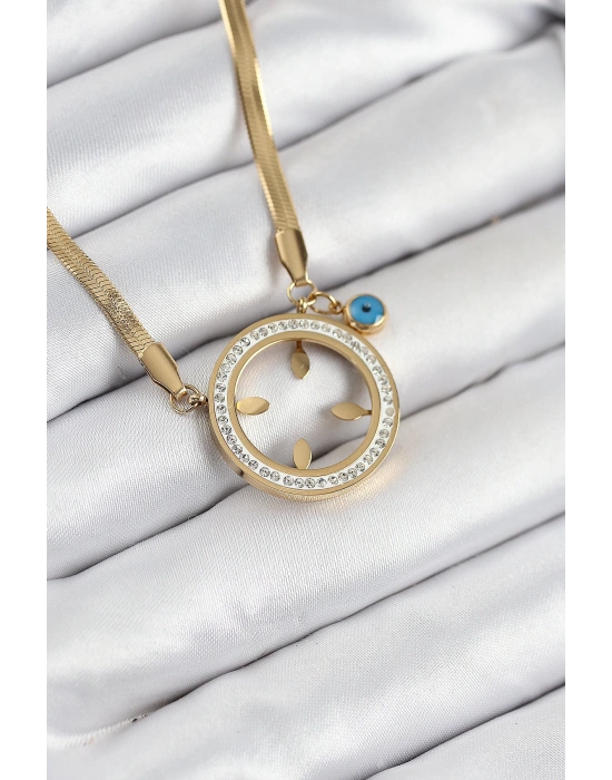 MuI MuI 316L Çelik Zirkon Taşlı Çeyrek Takılabilir Gold Renk Kadın Kolye