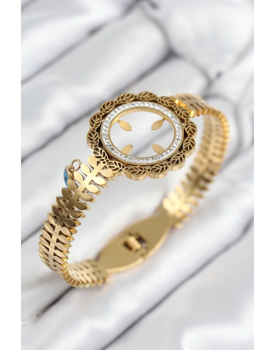 MuI MuI 316L Çelik Zirkon Taşlı Çeyrek Takılabilir Gold Renk Kelepçe