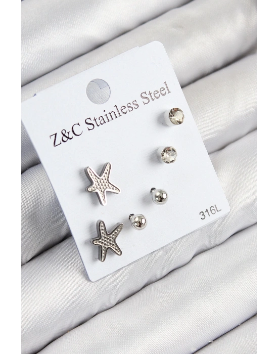 MuI MuI 316L Çelik Zirkon Taşlı Deniz Yıldızı Model Gümüş Renk Kadın Set Küpe
