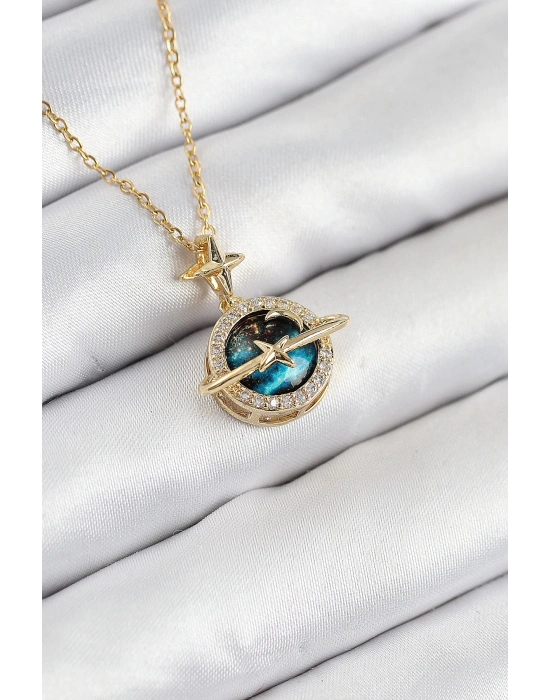 MuI MuI 316L Çelik Zirkon Taşlı Gezegen Model Gold Renk Kadın Kolye