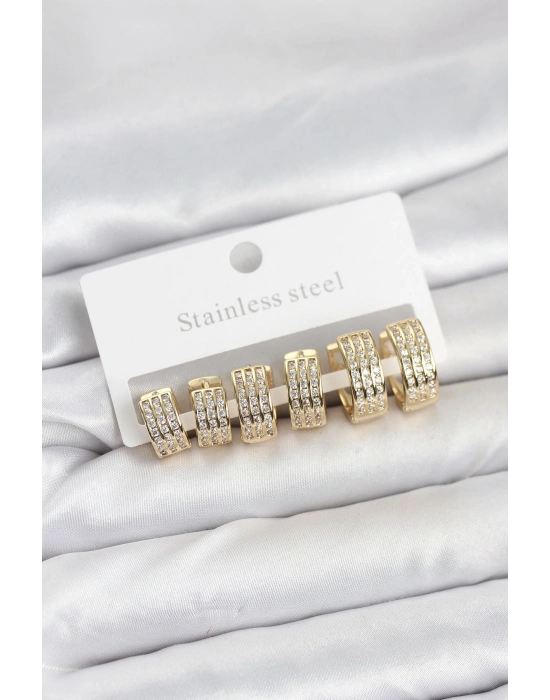 MuI MuI 316L Çelik Zirkon Taşlı Gold Halka Küpe Seti