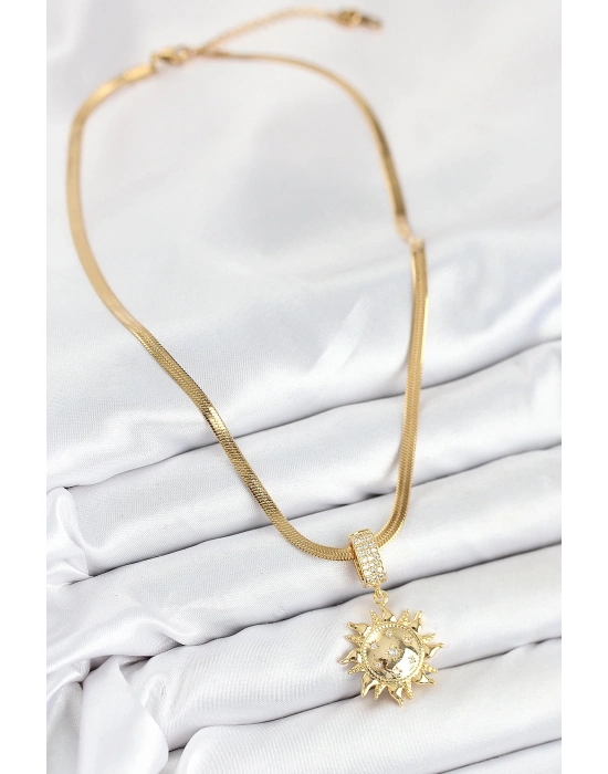 MuI MuI 316L Çelik Zirkon Taşlı Güneş Model Gold Renk Kadın Kolye