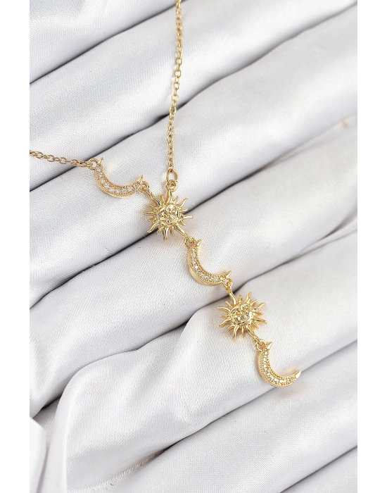 MuI MuI 316L Çelik Zirkon Taşlı Güneş Ve Ay Model Gold Renk Kadın Kolye