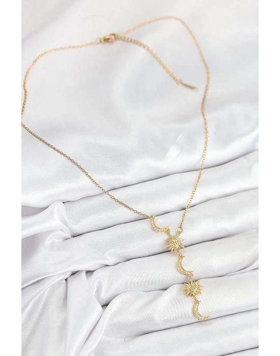 MuI MuI 316L Çelik Zirkon Taşlı Güneş Ve Ay Model Gold Renk Kadın Kolye