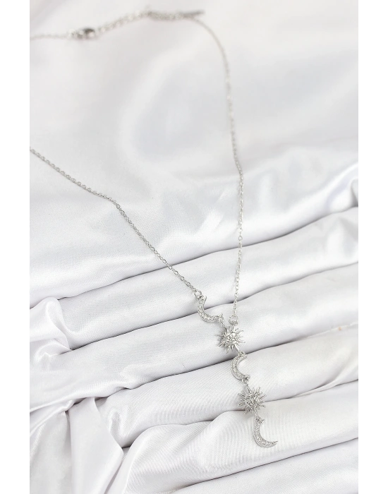 MuI MuI 316L Çelik Zirkon Taşlı Güneş Ve Ay Model Gümüş Renk Kadın Kolye