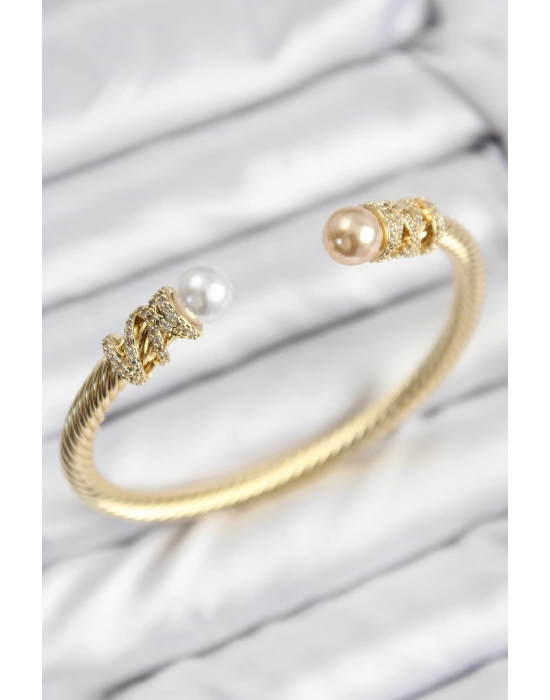 MuI MuI 316L Çelik Zirkon Taşlı İnci Model Gold Renk Kadın Bileklik