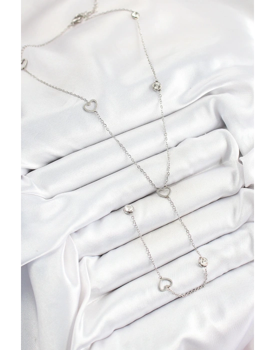 MuI MuI 316L Çelik Zirkon Taşlı Kalp Figürlü Y Model Gümüş Renk Kadın Kolye