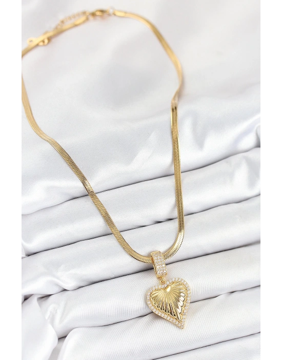 MuI MuI 316L Çelik Zirkon Taşlı Kalp Model Gold Renk Kadın Kolye