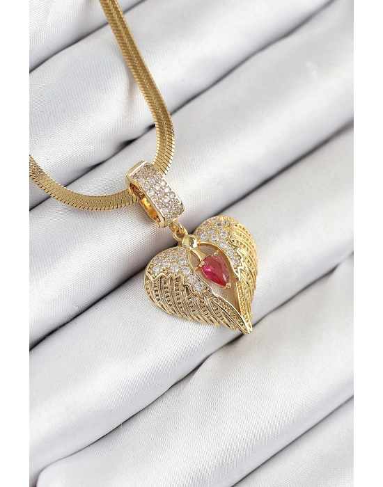 MuI MuI 316L Çelik Zirkon Taşlı Kanatlı Kalp Model Gold Renk Kadın Kolye
