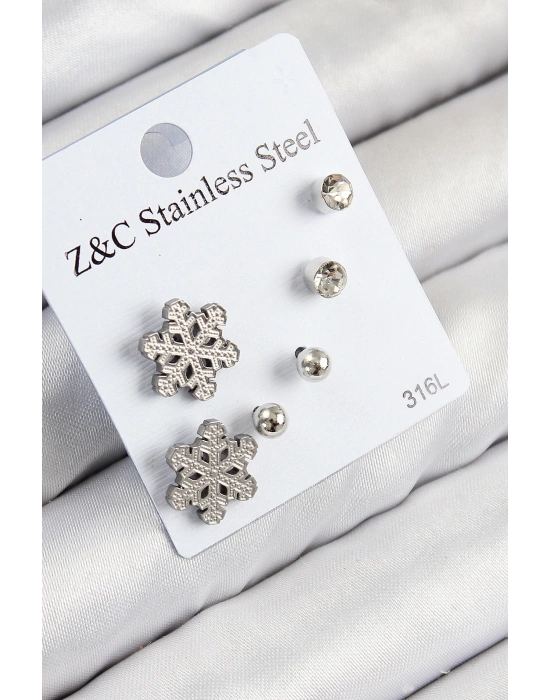 MuI MuI 316L Çelik Zirkon Taşlı Kar Tanesi Model Gümüş Renk Kadın Set Küpe