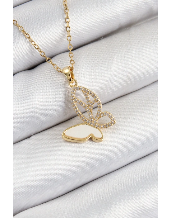 MuI MuI 316L Çelik Zirkon Taşlı Kelebek Model Gold Renk Kadın Kolye