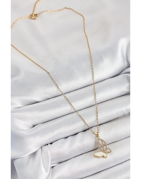 MuI MuI 316L Çelik Zirkon Taşlı Kelebek Model Gold Renk Kadın Kolye