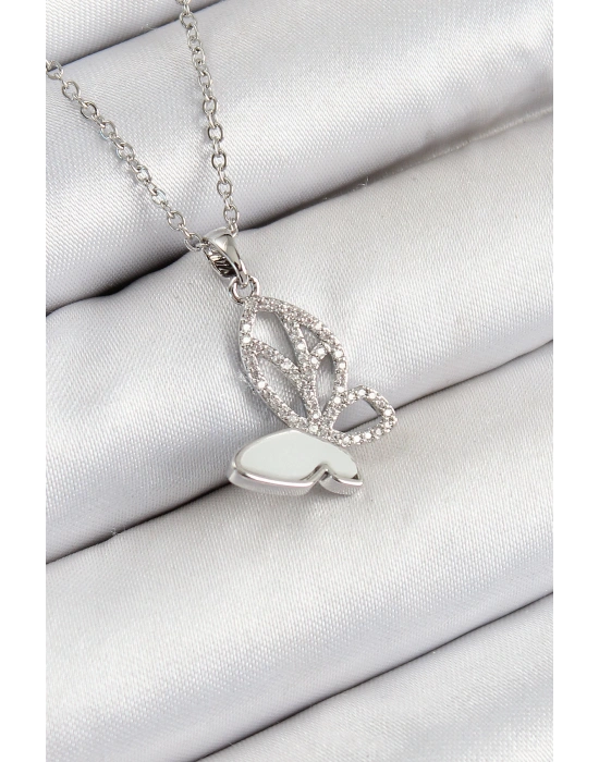 MuI MuI 316L Çelik Zirkon Taşlı Kelebek Model Gümüş Renk Kadın Kolye