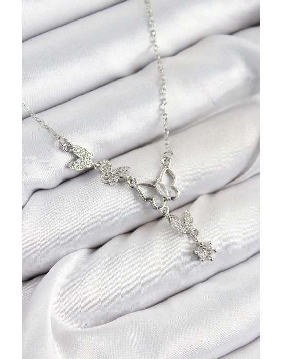 MuI MuI 316L Çelik Zirkon Taşlı Kelebek Model Gümüş Renk Kadın Kolye