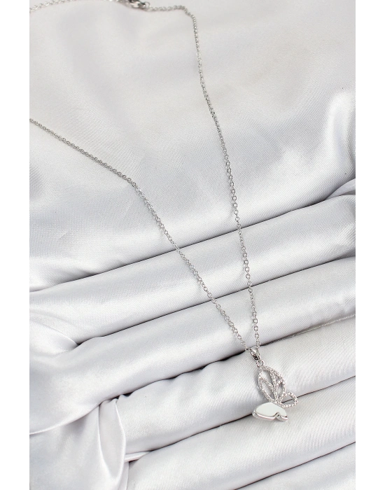 MuI MuI 316L Çelik Zirkon Taşlı Kelebek Model Gümüş Renk Kadın Kolye