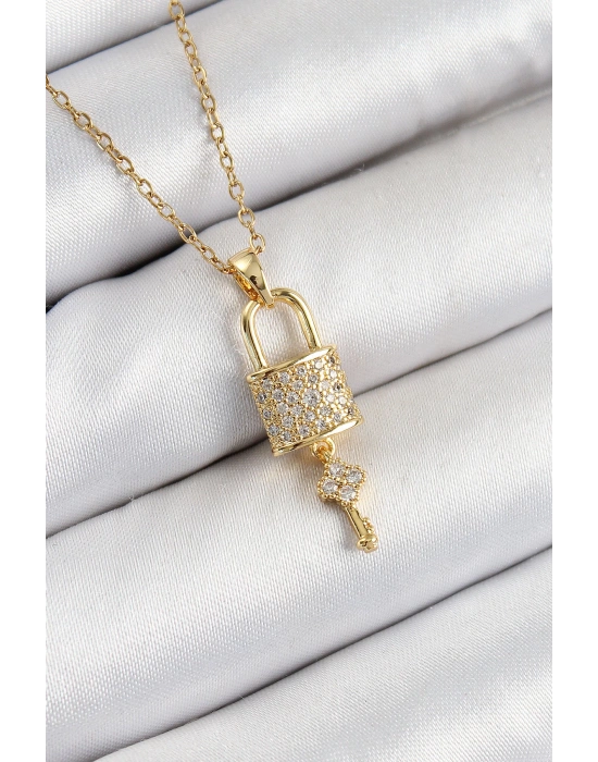 MuI MuI 316L Çelik Zirkon Taşlı Kilit Ve Sallantılı Anahtar Model Gold Renk Kadın Kolye