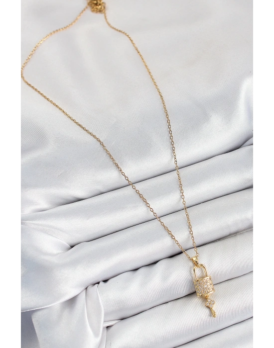 MuI MuI 316L Çelik Zirkon Taşlı Kilit Ve Sallantılı Anahtar Model Gold Renk Kadın Kolye