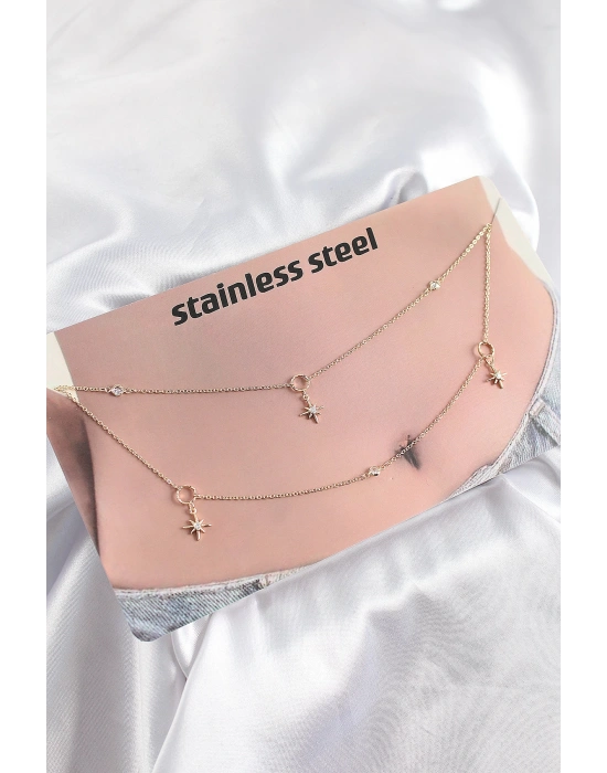 MuI MuI 316L Çelik Zirkon Taşlı Kutup Yıldızı Model Gold Renk Göbek Bel Zinciri