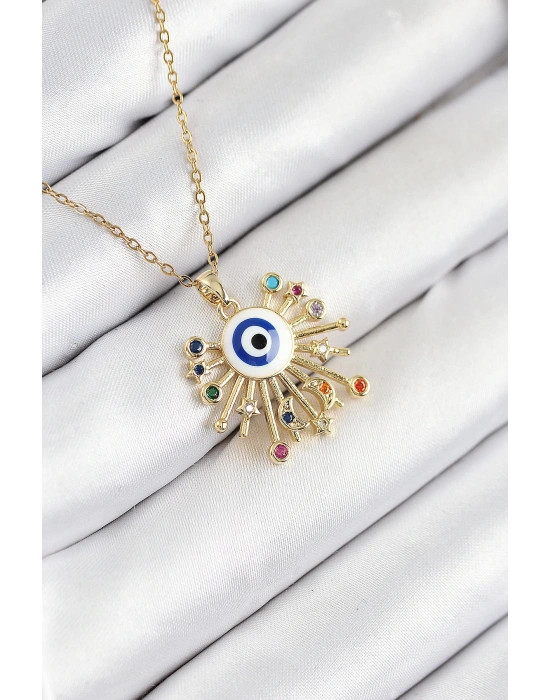 MuI MuI 316L Çelik Zirkon Taşlı Nazar Model Gold Renk Kadın Kolye