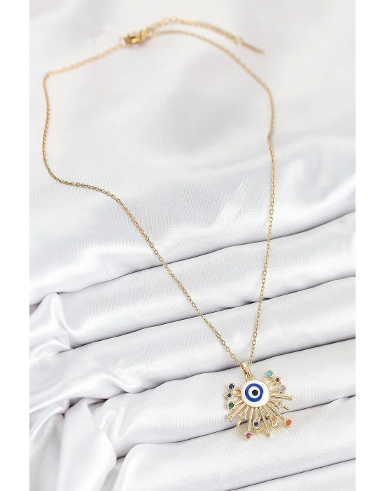 MuI MuI 316L Çelik Zirkon Taşlı Nazar Model Gold Renk Kadın Kolye