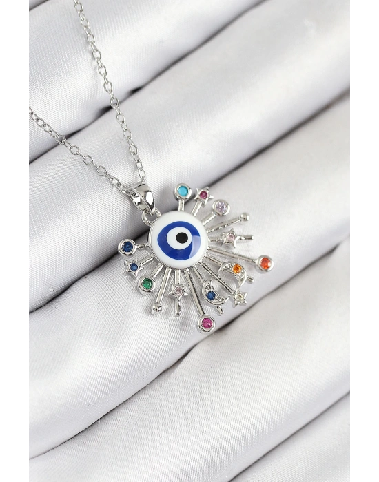 MuI MuI 316L Çelik Zirkon Taşlı Nazar Model Gümüş Renk Kadın Kolye