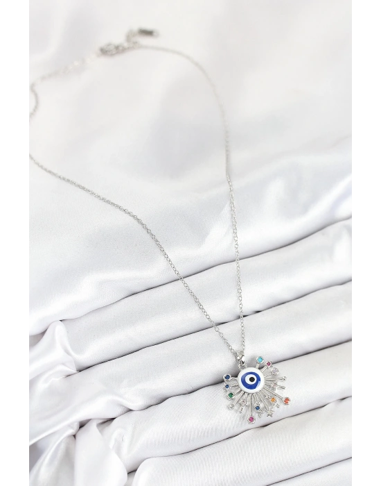 MuI MuI 316L Çelik Zirkon Taşlı Nazar Model Gümüş Renk Kadın Kolye