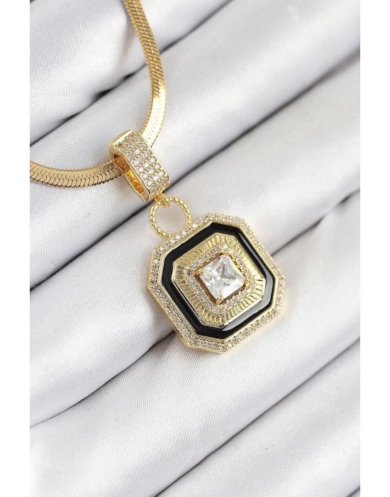 MuI MuI 316L Çelik Zirkon Taşlı Siyah Detaylı Baget Model Gold Renk Kadın Kolye