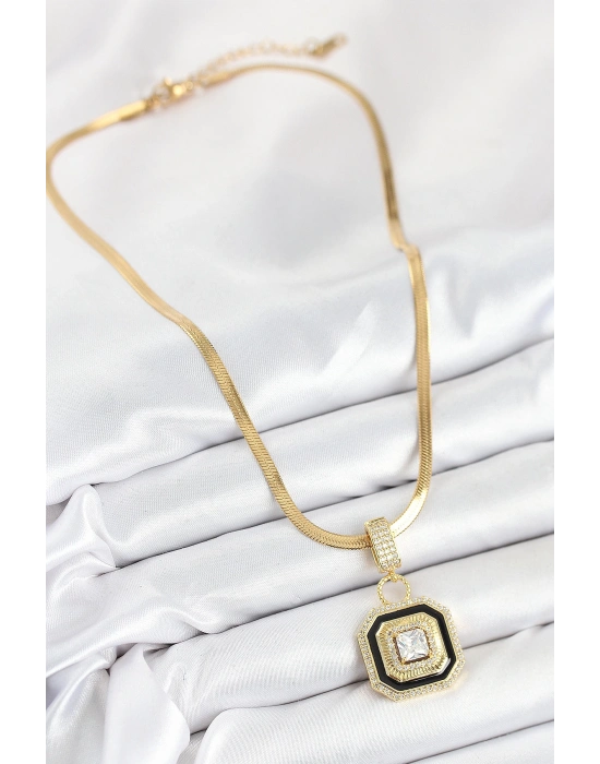 MuI MuI 316L Çelik Zirkon Taşlı Siyah Detaylı Baget Model Gold Renk Kadın Kolye