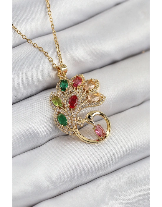 MuI MuI 316L Çelik Zirkon Taşlı Tavus Kuşu Model Gold Renk Kadın Kolye