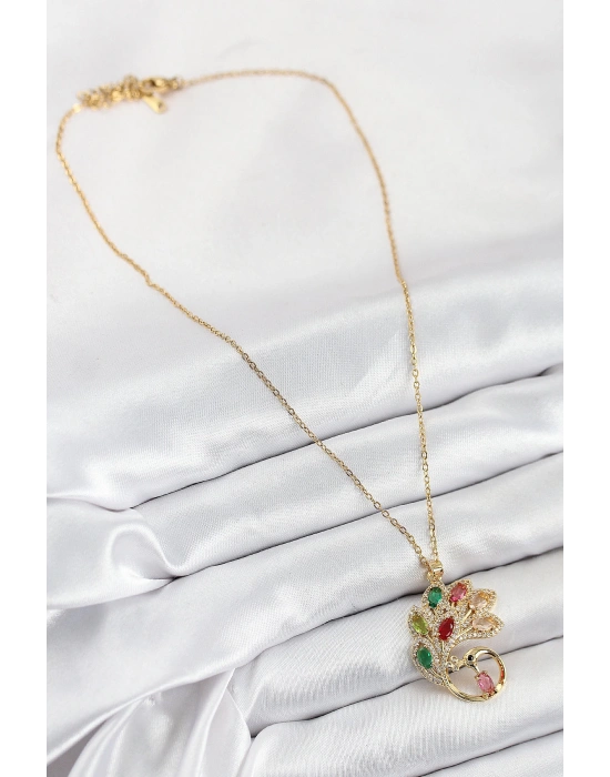 MuI MuI 316L Çelik Zirkon Taşlı Tavus Kuşu Model Gold Renk Kadın Kolye