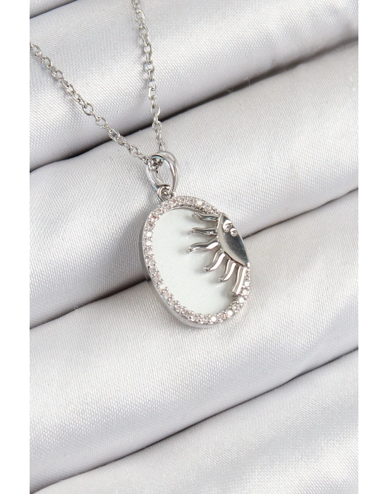 MuI MuI 316L Çelik Zirkon Taşlı Yarım Güneş Model Gümüş Renk Kadın Kolye