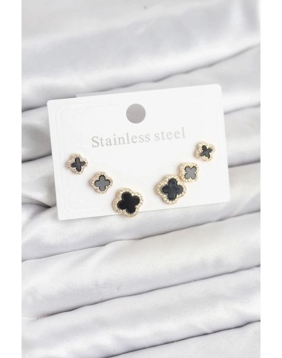 MuI MuI 316L Çelik Zirkon Taşlı Yonca Model Kadın Küpe Seti