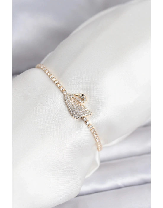 MuI MuI Kuğu Model Zirkon Taşlı Gold Renk Asansörlü Su Yolu Bileklik