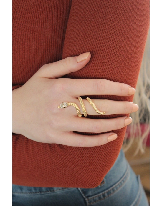 MuI MuI Ayarlanabilir Gold Renk Zirkon Taşlı Yılan Yüzük