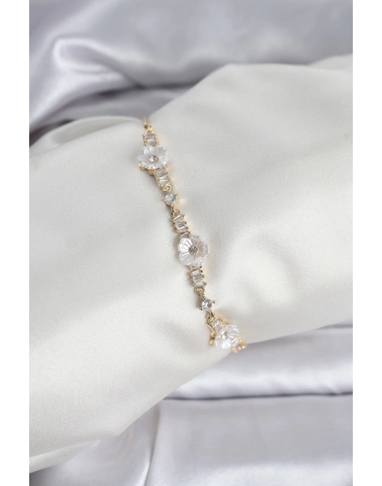 MuI MuI Baget Zirkon Taşlı Çiçek Model Gold Renk Asansörlü Kadın Bileklik