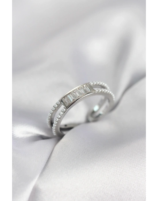 MuI MuI Silberfarbener Damenring mit Baguette-Zirkonia und Perlen