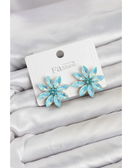 MuI MuI Buz Mavisi Renk Kristal Taşlı Lotus Çiçek Model Kadın Küpe