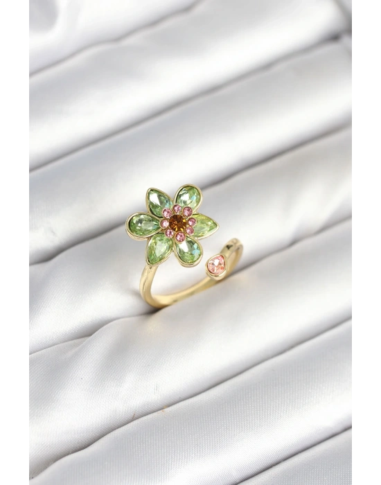 MuI MuI Çiçek Model Yeşil Pirinç Gold Renk Yüzük