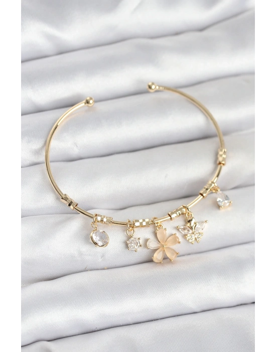 MuI MuI Çiçek ve Kelebek Charmlı Gold Renk Pirinç Kadın Bileklik